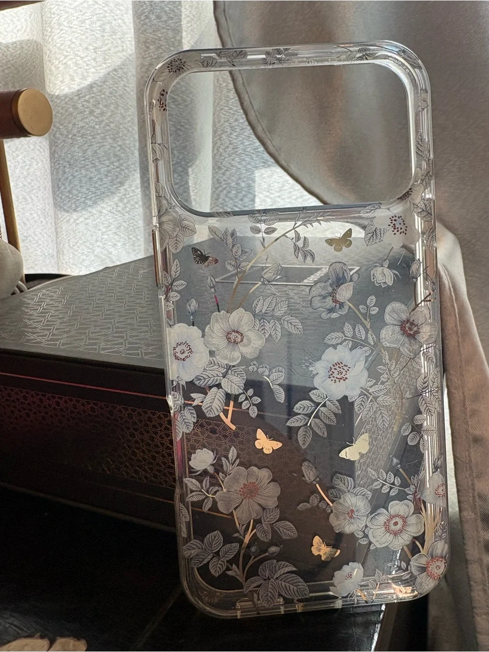 Clear Floral Butterfly iPhone Case - Transparent with White & Gold Accents